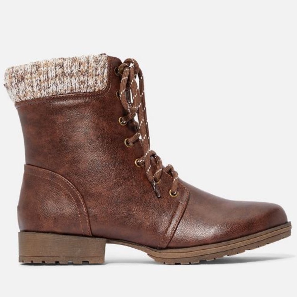 Brown Sweater Cuff Lace Up Ankle Boot - Picture 2 of 15